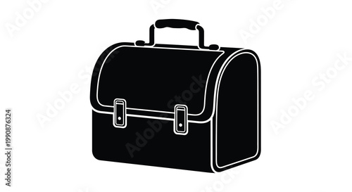 Black and white illustration of a vintage metal lunchbox with handle