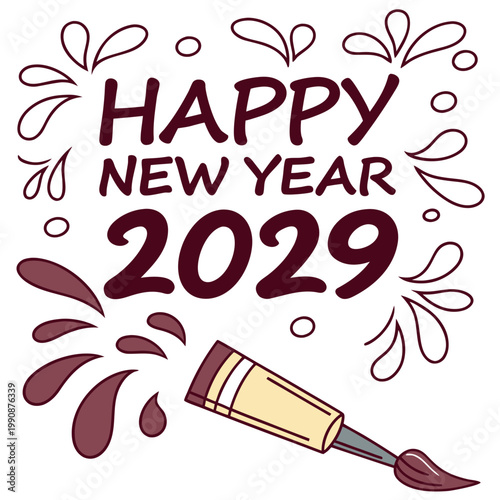 A colorful illustration of a paintbrush and paint splatters celebrating the new year 2029