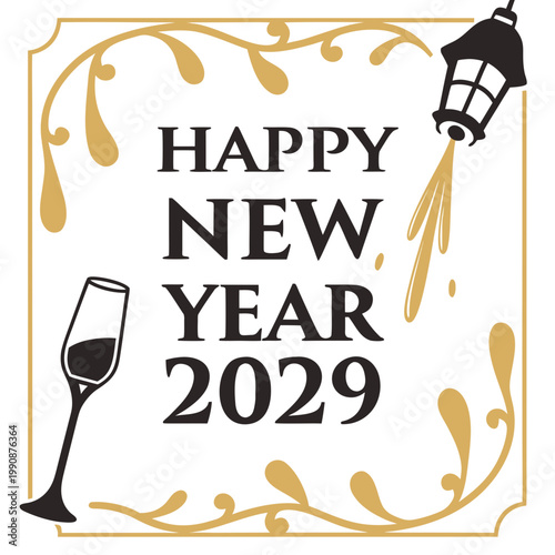 A festive vector graphic design for Happy New Year 2029 with champagne and lantern