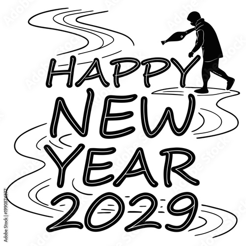 A black and white vector graphic illustration of a Happy New Year 2029 message with a silhouette of a person celebrating