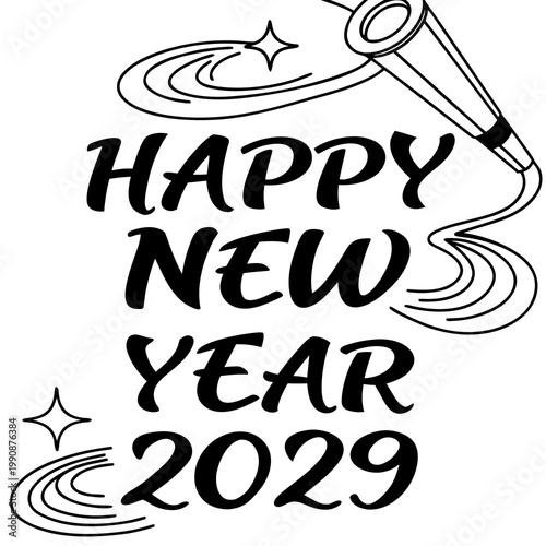 A black and white vector graphic illustration of a Happy New Year 2029 design