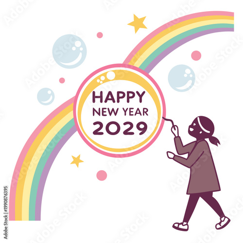 A colorful illustration of a girl holding a Happy New Year 2029 balloon with a rainbow and bubbles