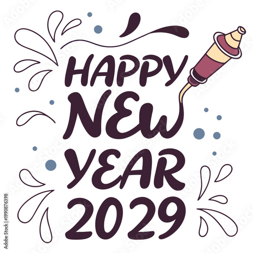 A colorful illustration of a Happy New Year 2029 greeting with a party popper