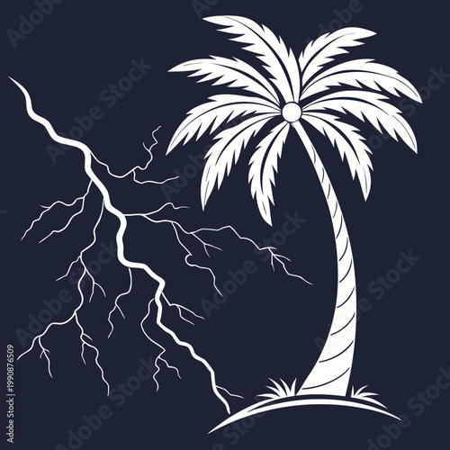 A minimalist vector graphic of a palm tree with lightning on a dark background