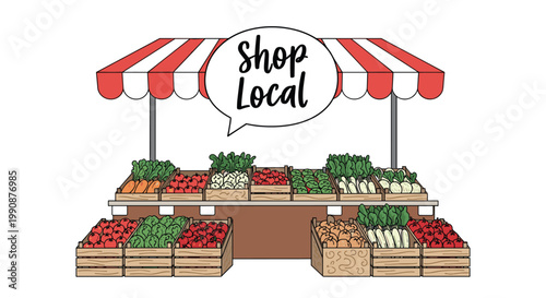 Traditional wooden vegetable stall with a red and white awning filled with fresh produce and a shop local speech bubble.