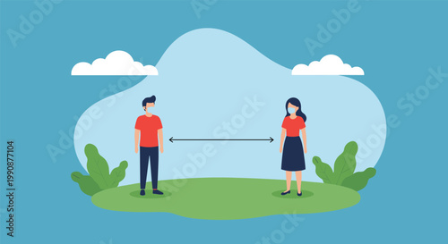 Informational graphic illustrates the concept of social distancing with two people wearing masks and standing apart outdoors.
