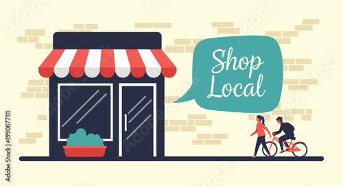 Charming local storefront illustration promotes community businesses with a shop local message and a person cycling past.