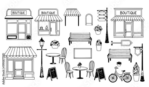 Cute hand drawn urban shop doodle elements with front view buildings furniture and street details vector illustration set