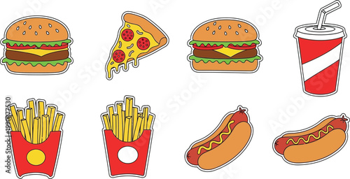 Colorful cartoon illustrations of popular fast food items and drinks Vector