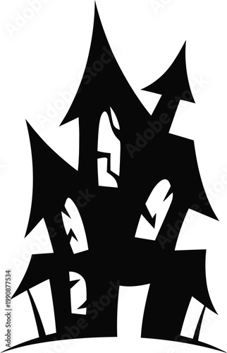 silhouette of a spooky castle set against a clean white background. The castle's architecture is reminiscent of medieval fortifications, complete with towers, spires, and battlements