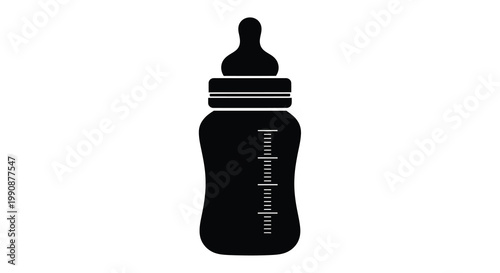 Simple black silhouette of a baby bottle with nipple and measurement markings