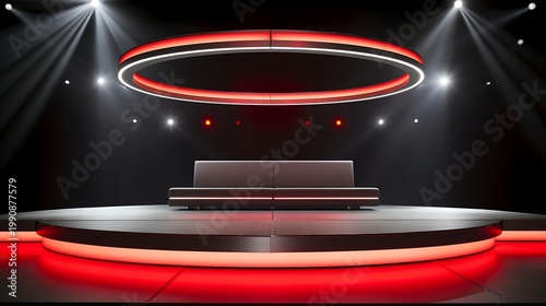 Modern digital event stage with vibrant neon ring lighting and spotlight effects