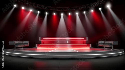 Modern digital event stage with red lights and spotlights