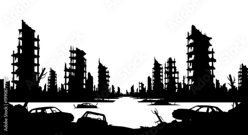Post apocalyptic cityscape with ruined buildings and abandoned vehicles silhouette