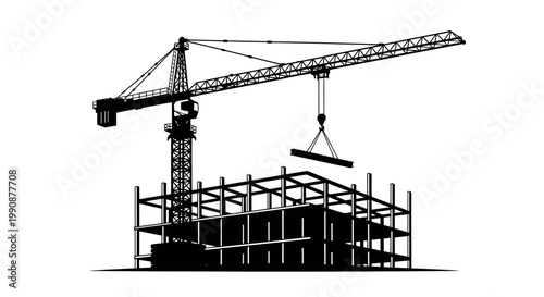 Construction crane lifting steel framework a striking black silhouette