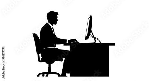 A businessman works at a desk depicted in stark black silhouette