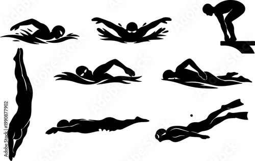 Swimming Silhouette Set – Freestyle, Butterfly, Backstroke, Dive and Swimmer Sport Vector Icons