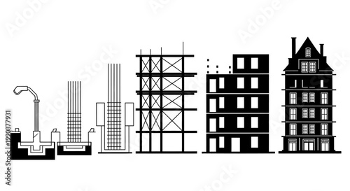Cityscape evolution from street lamp to building a black silhouette