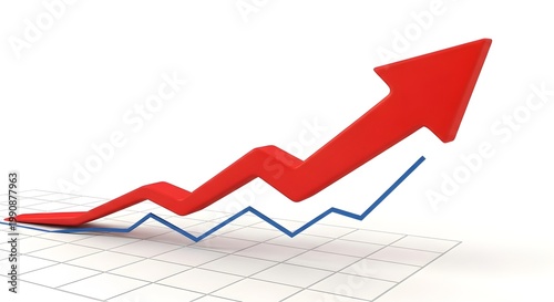 3D Red Upward Growth Arrow and Blue Line Graph on Grid Background