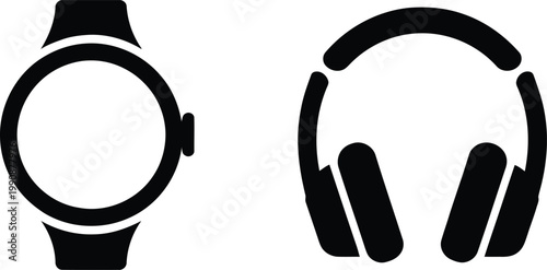 Smartwatch and headphones icons with flat design wearable technology smart device fitness tracker smartwatch headphones earphones technology graphics illustration silhouette minimalist