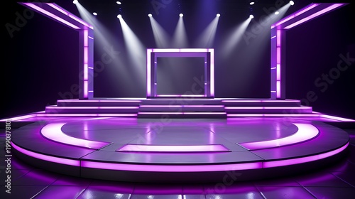 Purple floating stage platform with neon lights and spotlights