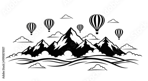 Mountain landscape with hot air balloons a striking black silhouette