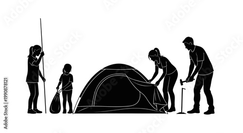 Family camping scene with a tent people and outdoor equipment silhouette