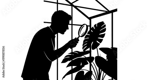 Scientist examines tropical plant with magnifying glass striking silhouette