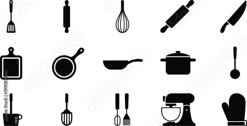 Assorted kitchen tools and equipment icons collection with rolling pin cutting board equipment collection utensils appliances illustration culinary cookware kitchenware household