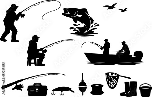 Fishing Silhouette Set – Fisherman, Boat, Fish, and Tackle Icons Vector Collection