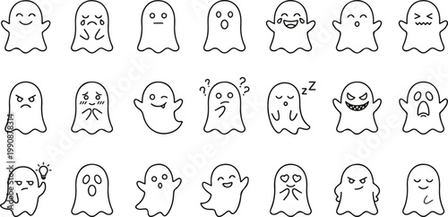 Cute Ghost Emoji Line Art Icons Set for Halloween.