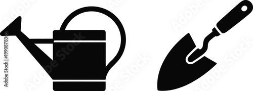 Gardening tools icon silhouette: watering can and trowel with plant care flat design white background hand tool gardening horticulture activity silhouette minimalist isolated equipment