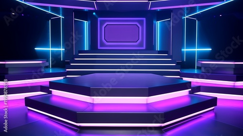 Futuristic neon-lit stage with hexagonal platform and glowing blue lights