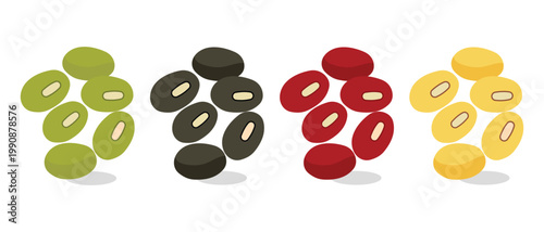 Soybeans icon vector. Different cereal grains, seeds and beans, lentils, tofu, minimal nutrition symbols. set of lentil seeds red adzuki, black gram, soy and green mung beans. Vector illustration.