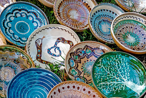 Quadro su tela Romanian traditional ceramic in the plates form, painted with specific reasons Horezu area