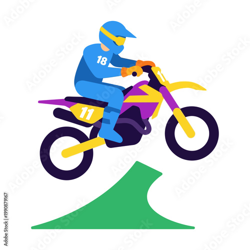 Colorful illustration of motocross rider jumping on purple and yellow bike