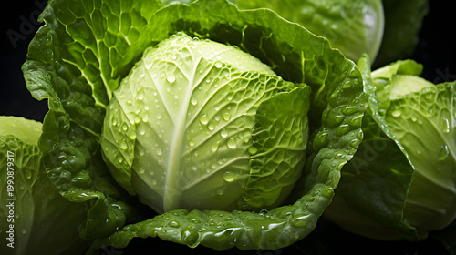 Close up of fresh green cabbage with water drops. Wet raw vegetable head on dark background. Healthy organic food concept