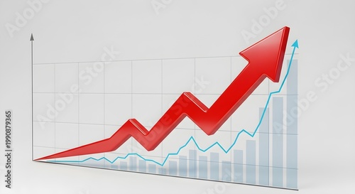 3D Business Growth Chart with Rising Red Arrow, Blue Line Graph, and Bar Statistics