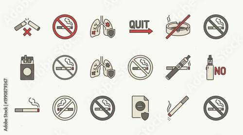 Anti-smoking and quitting tobacco vector icons, depicting health risks, no-smoking signs, vaping prohibition, and pathways to a smoke-free, healthier lifestyle