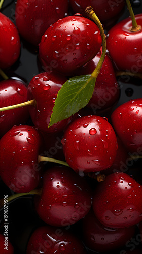 Vertical close up of fresh red cherries with water drops and green leaf. Wet ripe sweet berries on dark reflective background