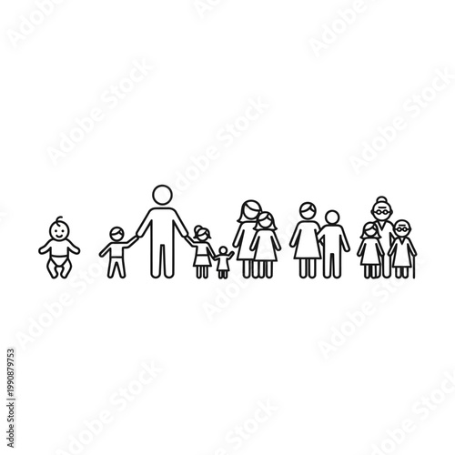 A line of stick figures representing a diverse family.