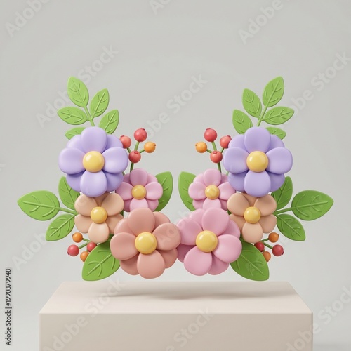 A delicate floral arrangement with pastel-colored blossoms and verdant leaves rests upon a minimalist, geometric platform. A gentle interplay of color, texture, and form.