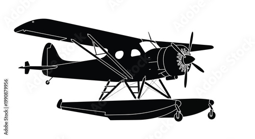 Black silhouette of a floatplane with visible propeller and landing floats