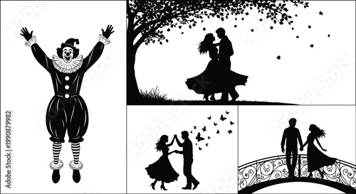 Silhouette of clown performing, romantic couple under tree, dancing with butterflies, walking across ornate bridge, love, joy, playful lifestyle moments