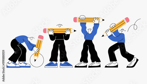 A minimalist, flat vector illustration featuring four stylized figures with exaggerated proportions interacting with giant yellow pencils. The characters, dressed in blue and black with white sneakers