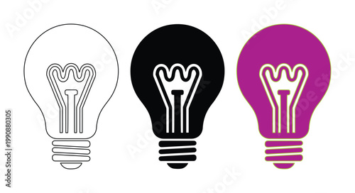 Minimalist light bulb icon set, creative idea symbols in outline and solid styles, purple and black incandescent lamp vector graphics isolated on White Background