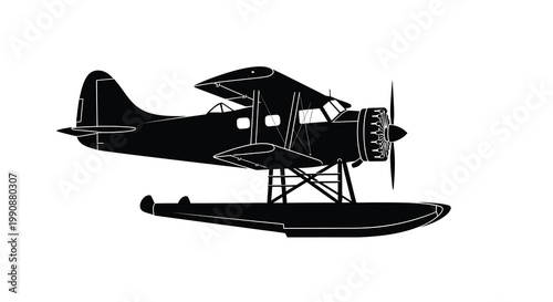 A black silhouette of an antique seaplane with floats and a radial engine
