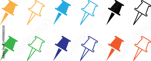 Colorful push pin icons in various hues on white
