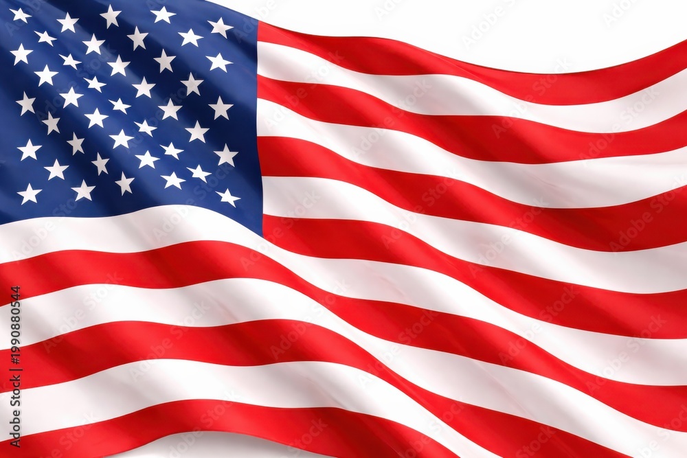 Fototapeta premium American flag waving in wind with patriotic background.