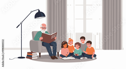 Grandfather reading a storybook to a group of diverse children sitting on the floor, illustrating family bonding, education, and intergenerational storytelling.
